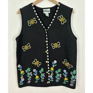 The Quacker Factory Knit Bee Floral Embroidered Sweater Vest Cottagecore Small